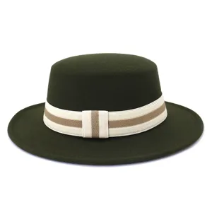 Dark green wool felt flat top hat detail showcasing the textured striped ribbon band.