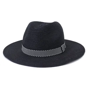 Chapeau de Paille Unisexe Style Britannique Fedora Été Soleil Plage Ruban Rayé Chapeau Panama Réglable Voyage Extérieur Plage