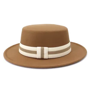 Classic British style wool flat top fedora hat with striped ribbon band for autumn winter.