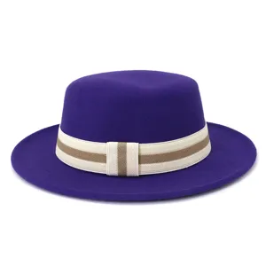 Detailed close-up view of elegant purple wool flat top fedora hat with striped elastic band.