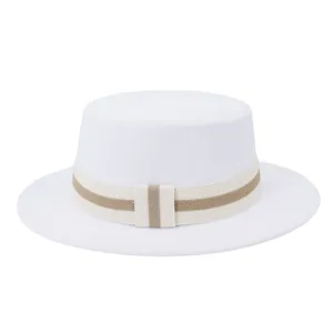 Close-up detail of the elegant white woolen flat top fedora hat with stylish striped ribbon.