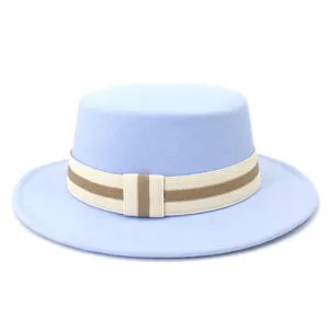 Detailed view of light blue wool flat-top fedora hat with elegant striped elastic ribbon.