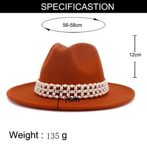 Women wool felt fedora hat with elegant pearl band winter jazz hat vintage wide brim hat 56-58cm