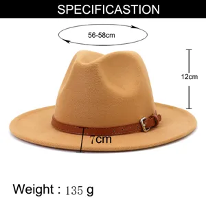 Classic wool fedora hat for men and women, wide brim winter British style jazz hat size details.