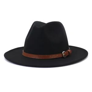 Classic Wool Fedora Hat Men Women Wide Brim Jazz Cap Winter British Style Leather Belt