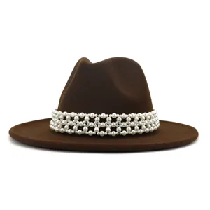 Brown woolen fedora hat with elegant wide pearl band detail, perfect for autumn and winter.