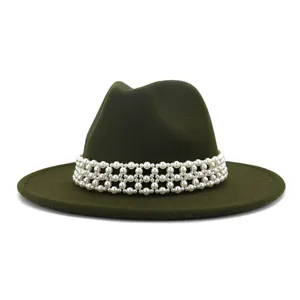 Elegant dark green wool fedora hat featuring a stunning white pearl band and wide flat brim.
