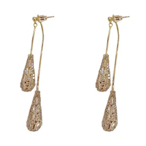 Boucles d'oreilles pendantes doubles gouttes zircone dorées pour femmes élégantes bijoux