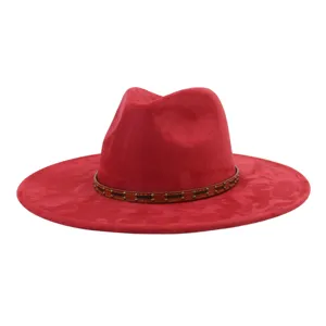Sombrero fedora de ante rojo con banda de cuero con tachuelas elegante sombrero de jazz