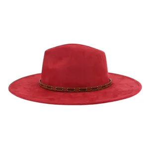 Sombrero fedora de ante rojo para mujer y hombre, sombrero de jazz clásico con banda de tachuelas.