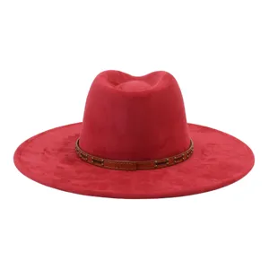 Sombrero fedora rojo de ante para hombre y mujer, elegante sombrero de jazz con tira de cuero.