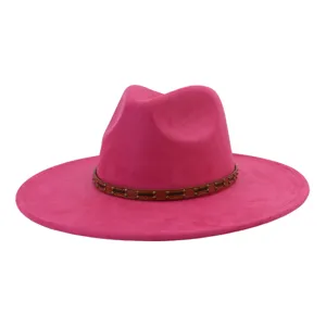 Sombrero fedora de ante rosa para mujer hombre, gorra de jazz de ala ancha con banda de cuero.