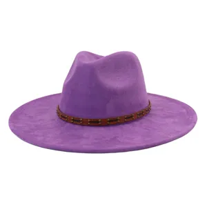 Sombrero fedora de ante morado de ala ancha para hombre y mujer, elegante sombrero de estilo jazz.