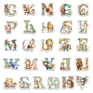 Watercolor animal alphabet stickers cute floral letter decals for scrapbooking laptop.