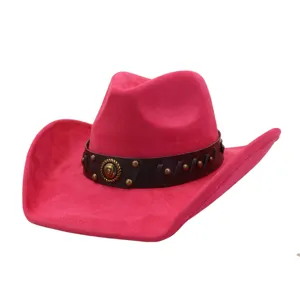 Sombrero vaquero occidental ante sintetico rosa con banda marron tachuelas, sombrero jazz ala ancha.