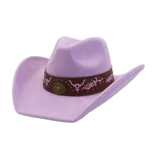 Lavender faux suede western cowboy hat with studded brown band and unique bull skull decor.