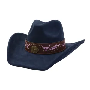 Detailed view of a navy blue western cowboy hat in soft faux suede with embroidered bull skull.