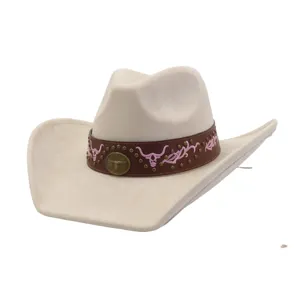 Western style cowboy hat detail, soft suede wide-brim fedora with leather strap and pink details.