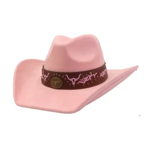 Pink suede cowboy hat with embroidered bull skull belt, wide brim fedora jazz hat for women