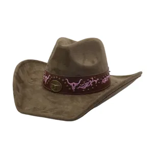 Detailed view of the brown suede cowboy hat featuring pink bull embroidery and metal studs.