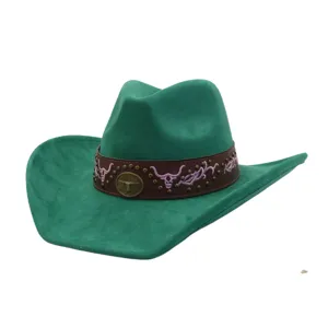 Green soft faux suede western cowboy hat featuring brown leather band and metal bull decor.