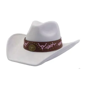 Faux suede western cowboy hat with brown leather band, pink bull embroidery and metal studs.