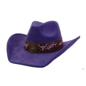 Purple suede western cowboy hat with studded leather band and bull skull embroidery details.