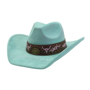 Light blue suede cowboy hat featuring brown band and pink embroidered bull skulls.