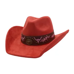 Red suede cowboy hat detail, wide brim jazz hat with bull embroidery and leather band.