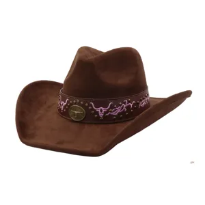 Classic brown suede cowboy hat with stylish purple embroidered bull head and metal studs detail.