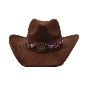 Brown suede cowboy hat with purple bull embroidery, wide brim western fedora for autumn winter.