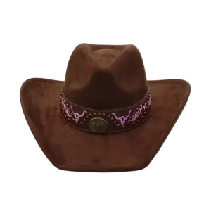 Brown suede western cowboy hat with pink bull embroidery and metal badge detail for autumn.