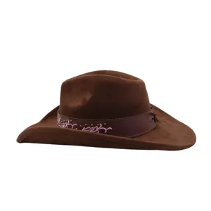 Close up detail of brown western cowboy hat, soft faux suede material with purple embroidery.