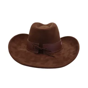 Close-up detail of the brown suede cowboy hat featuring a leather band and stylish bowknot.