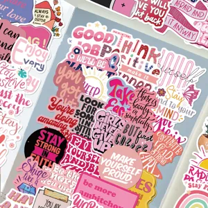 Pink motivational quote stickers detail showing inspirational phrases and cute pink designs.