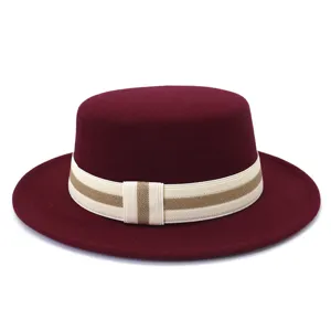Classic flat top wool fedora hat for men and women, wide brim winter fashion hat detail.