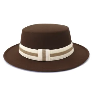 Brown flat top wool fedora hat with striped band stylish autumn winter unisex headwear