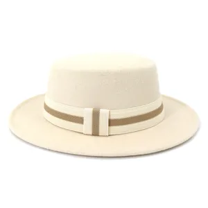 Unisex winter wool felt flat top fedora hat with stylish striped ribbon band for men women