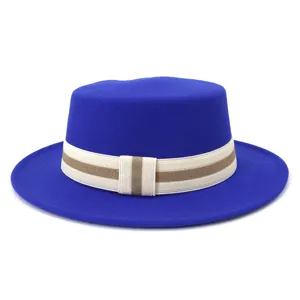 Detailed view of royal blue wool flat top fedora hat with elegant beige and brown striped band.