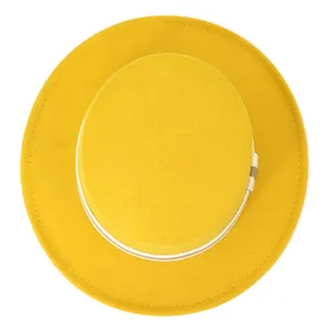 Yellow wool flat top fedora hat detail, showing wide brim and elegant striped ribbon band.