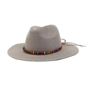 Chapeau de Paille d'Été pour Femmes Doux Décontracté Chapeau de Soleil de Plage Chapeau Fedora à Large Bord avec Sangle Perlée