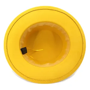 Yellow wool felt wide brim fedora hat, classic British flat top style, autumn winter detail.