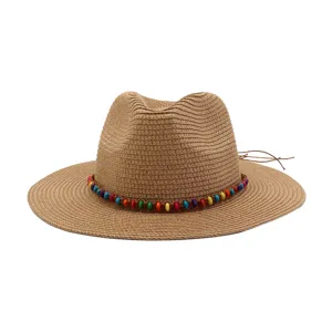 Chapeau de paille décontracté d'été pour femmes et hommes, chapeau de soleil fedora perlé coloré.