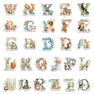Watercolor animal alphabet stickers for creative DIY notebook and water bottle decorating.
