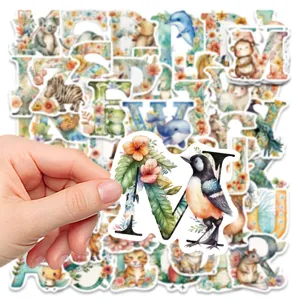 Watercolor animal alphabet stickers 52pcs waterproof vinyl decals for laptop guitar