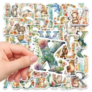 Watercolor animal letter stickers set, cute alphabet waterproof decals for laptop guitar decor.