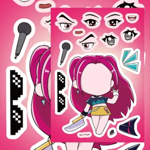 DIY monster hunter girl group character sticker set with interchangeable face expressions and props.
