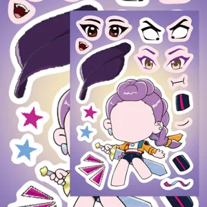 Detailed view of DIY assemble cartoon sticker sheet featuring changeable anime face parts.