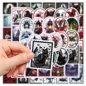 Gothic style black cat and raven stamp stickers pack detail view for journal decor