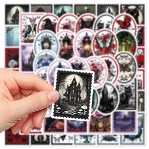 Gothic vintage stamp stickers set, dark aesthetic graffiti decals for laptop and journaling.
